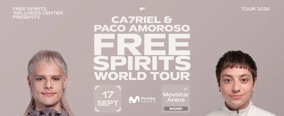 Cartel del Free Spirits World Tour de CA7RIEL y Paco Amoroso en Madrid