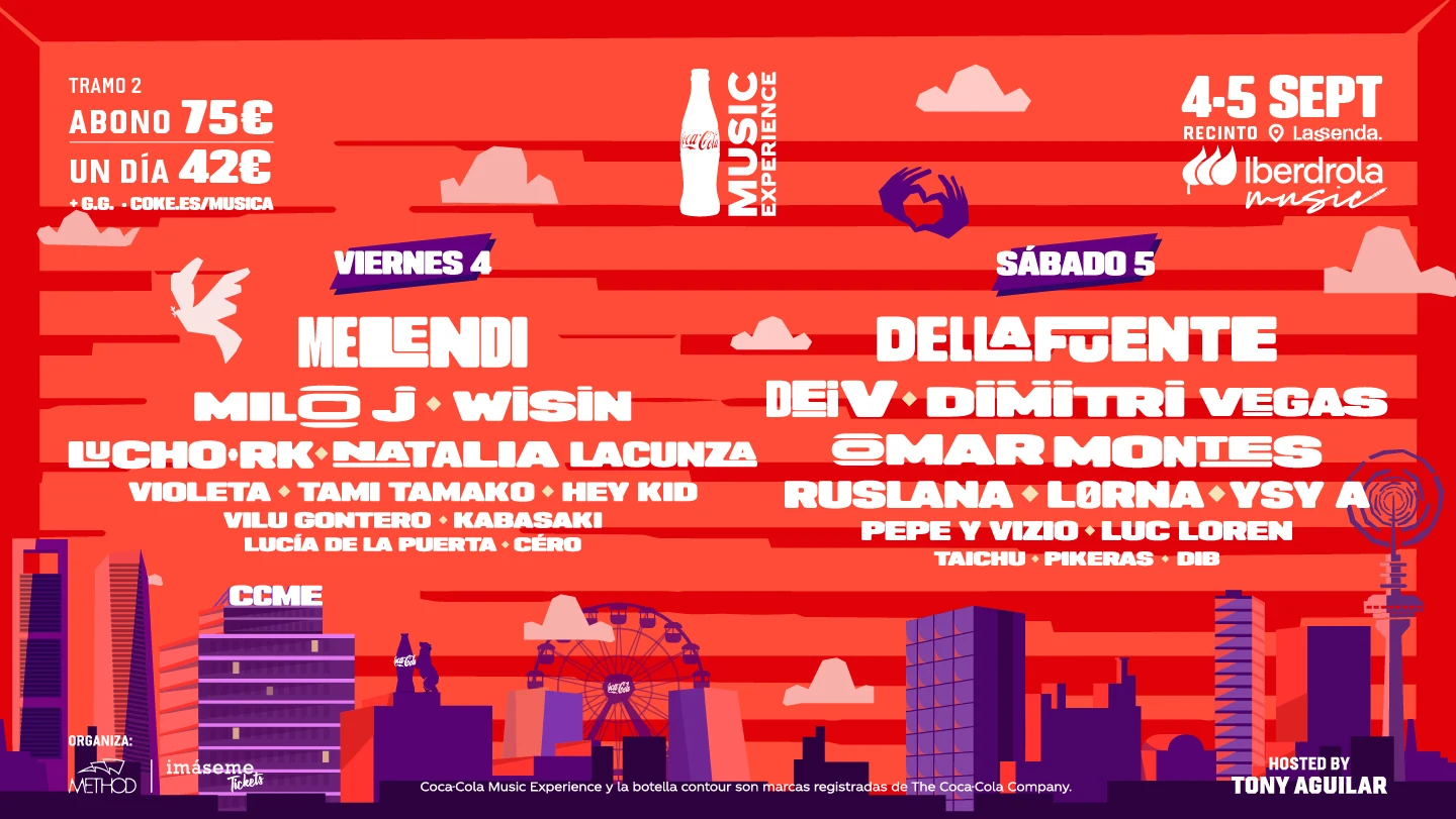Cartel oficial del Coca-Cola Music Experience 2026 con los artistas de cada jornada
